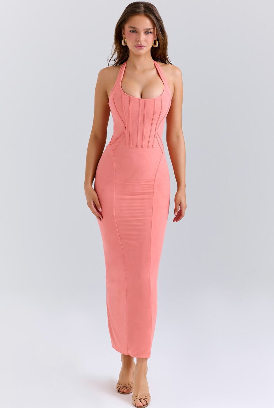 House of CB Lusilla coral stretch mesh halter neck midi dress